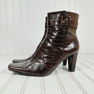 Bandolino Croc Pattern Buckle Strap Ankle Boot. Like but heel too high for me.